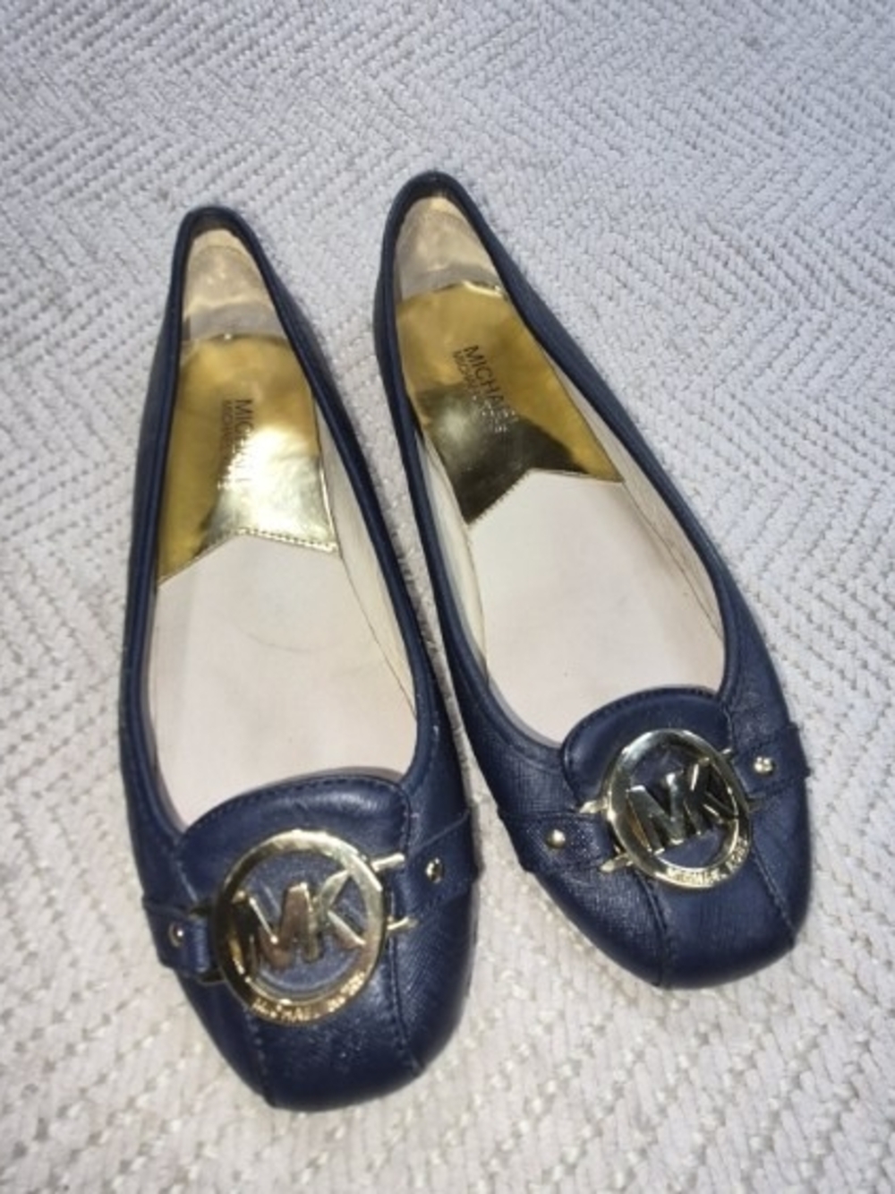 Michael Kors Navy Blue MK Logo Ballet Flats Women’s Size 8N Leather Gold Tone